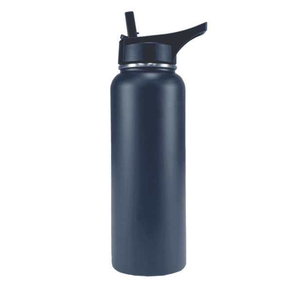 A drink bottle in navy blue with a black spout lid and a logo on the body.