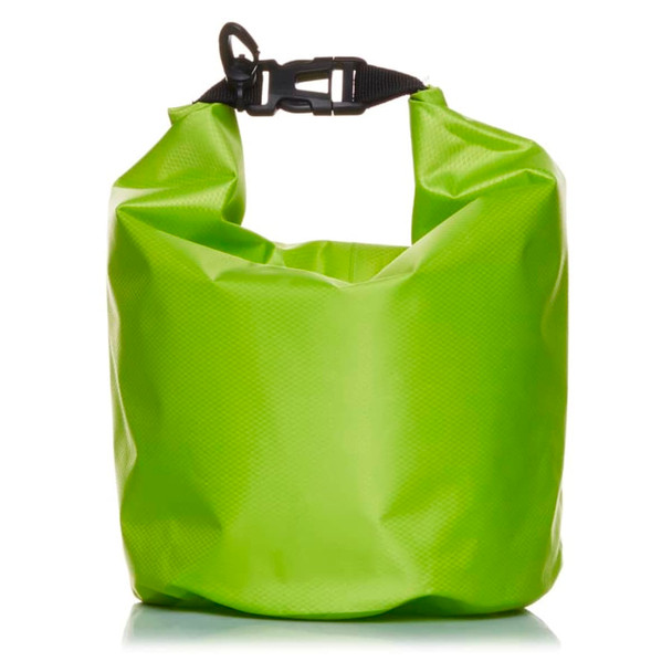 A bright green 5L dry bag with a secure buckle closure and a glossy finish. It features a logo on the surface.