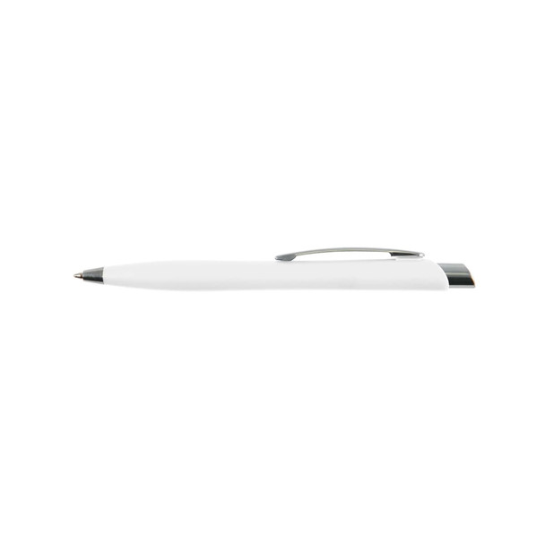 A plastic pen in white with a silver clip and tip, featuring a simple and sleek design.