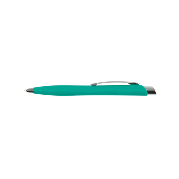 A plastic pen in a teal colour with a silver clip and a smooth barrel design. It features a logo on the side.