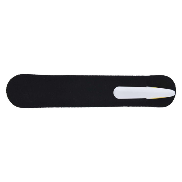 A black pen with a white tip and a logo, designed for writing purposes.