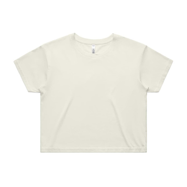 A light cream crop tee with a relaxed fit, featuring short sleeves and a simple design. It has a brand logo.