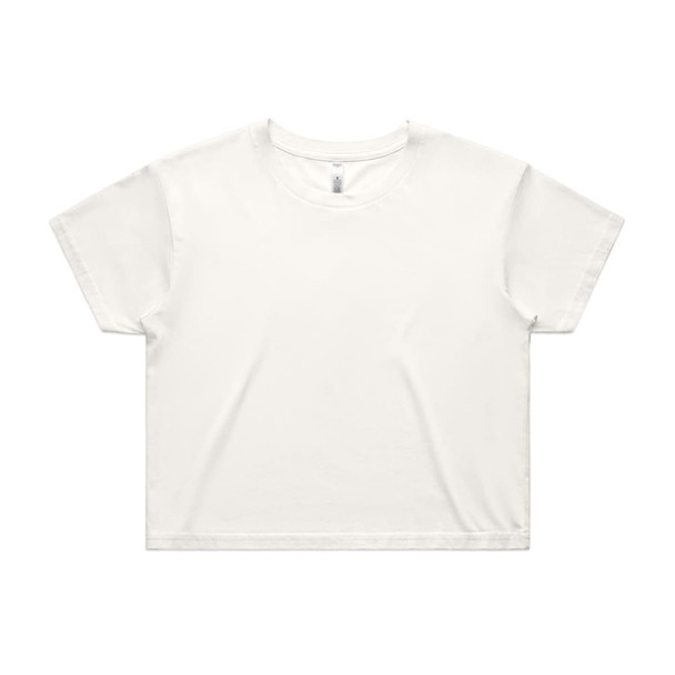 A white crop tee with a relaxed fit. The shirt features short sleeves and has a logo.
