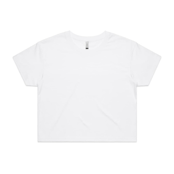 A white crop tee with a round neck and short sleeves, featuring one logo.