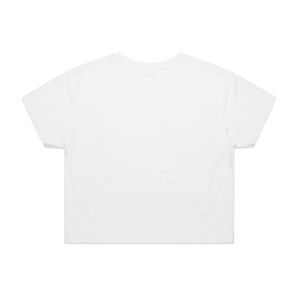 A white crop tee with a simple design and short sleeves, featuring a logo on the back.