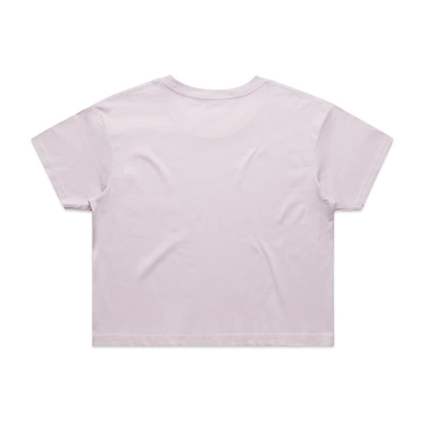 A light pink crop tee with short sleeves and a plain back, featuring a logo.