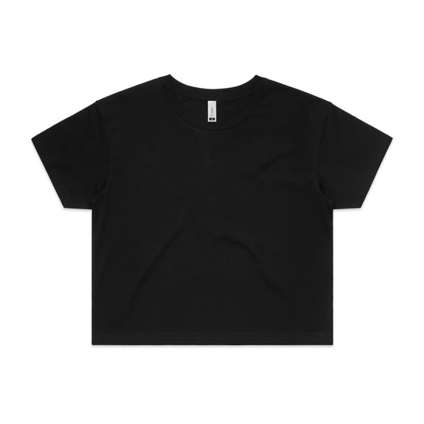 A black crop tee with a relaxed fit, featuring short sleeves and a rounded neckline. Includes a logo.