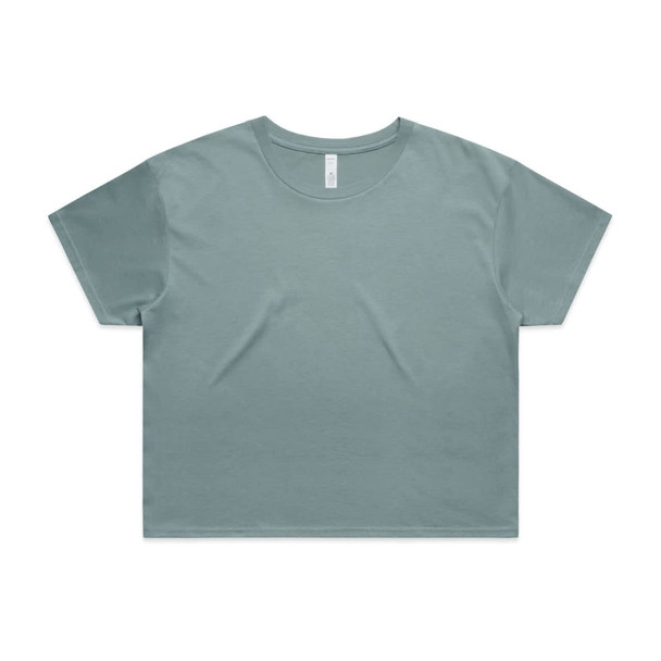 A teal crop tee with a round neckline and short sleeves, featuring a logo on the label.