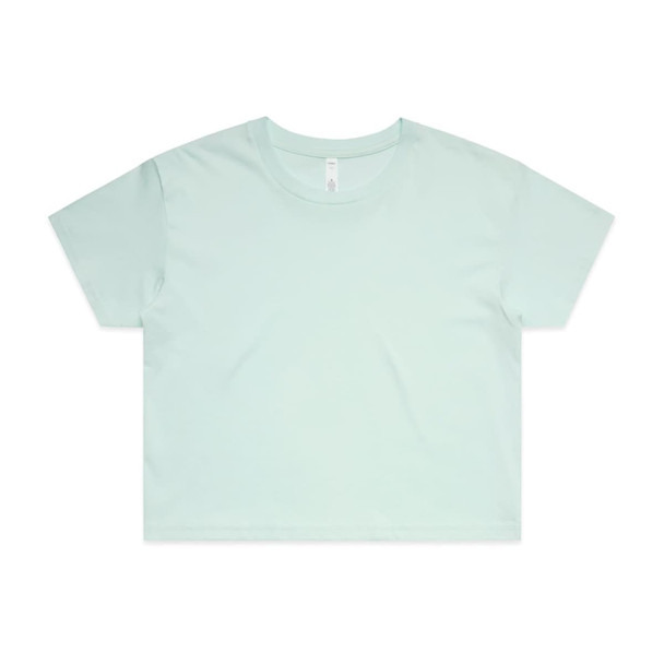 A mint green crop tee with a loose fit and short sleeves, featuring a branded label.