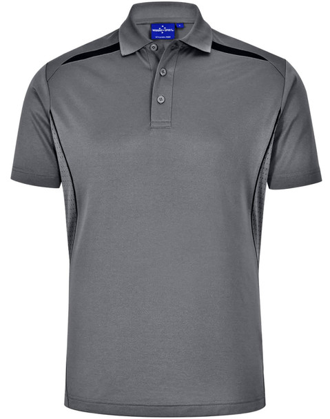 Men's sustainable poly/cotton polo shirt in grey with contrast black detailing and a logo on the chest. Men's sustainable poly/cotton polo shirt in grey with contrast black detailing and a logo on the chest.