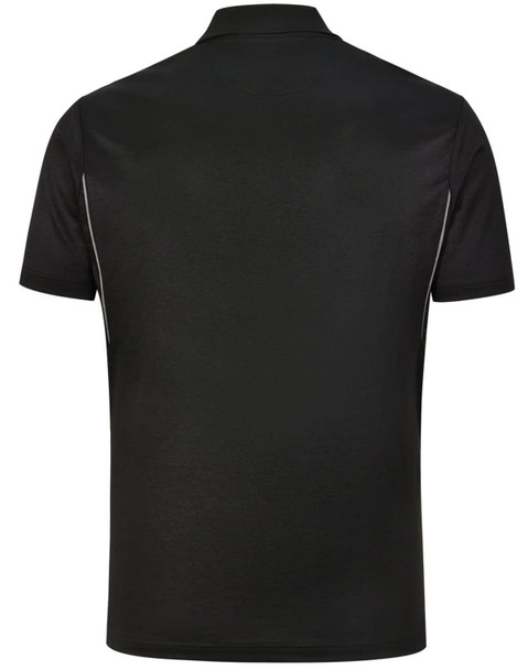 A black men's polo shirt featuring a sustainable poly/cotton blend with contrasting trim and a logo. A black men's polo shirt featuring a sustainable poly/cotton blend with contrasting trim and a logo.