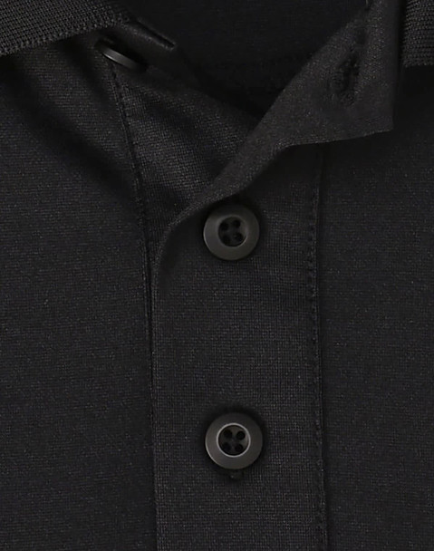 A black sustainable poly/cotton short sleeve polo shirt featuring a classic collar and button detail. A black sustainable poly/cotton short sleeve polo shirt featuring a classic collar and button detail.
