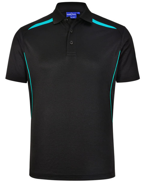 A black polo shirt with turquoise contrast panels and a three-button collar, featuring a logo on the chest. A black polo shirt with turquoise contrast panels and a three-button collar, featuring a logo on the chest.
