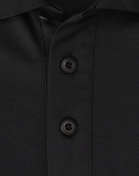 A black sustainable poly/cotton polo shirt featuring a two-button placket and collar. The shirt has a logo. A black sustainable poly/cotton polo shirt featuring a two-button placket and collar. The shirt has a logo.