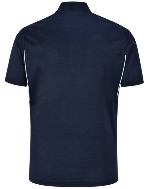 A navy blue polo shirt featuring contrast detailing on the sides and a logo on the chest. A navy blue polo shirt featuring contrast detailing on the sides and a logo on the chest.