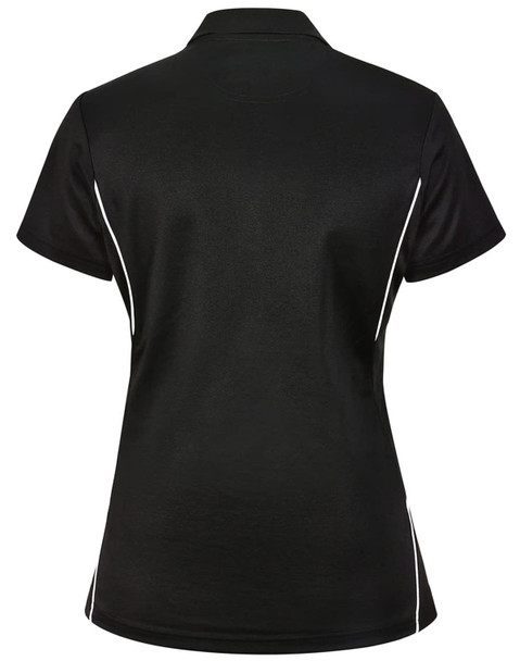 A black ladies' polo shirt featuring white contrast detailing and a logo on the back.