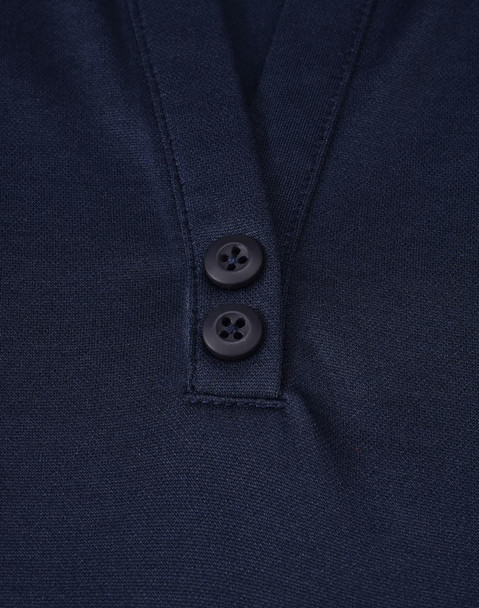 A navy polo shirt featuring a two-button placket and subtle textures, with a logo on the fabric.