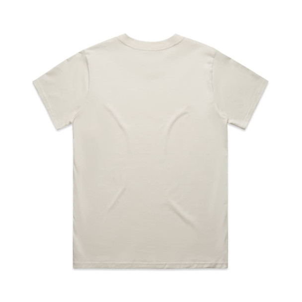 A light cream-coloured t-shirt with a classic design and short sleeves. It features a logo on the back.
