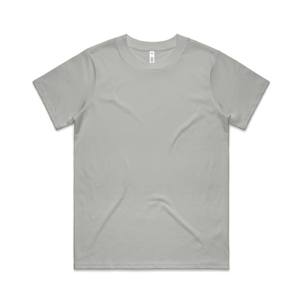 A light grey t-shirt with short sleeves and a crew neck. It features a logo on the inside label.