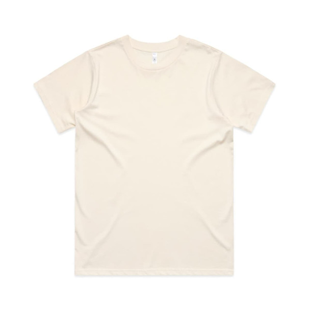 A plain cream-coloured t-shirt with a classic crew neckline and short sleeves. It features a logo on the label.