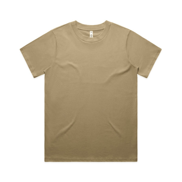 A plain khaki T-shirt featuring a crew neck and short sleeves, with a logo on the label.