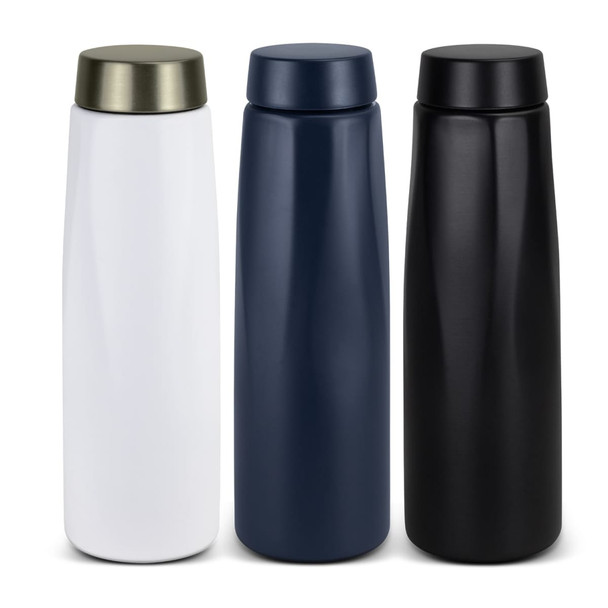A drink bottle set featuring three 500ml bottles in white, navy blue, and black, with a sleek design and a logo.