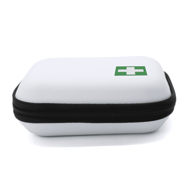 A compact white first aid kit with a green cross logo and a black zipper.