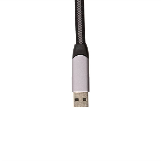 A charging cable with a gray USB connector and a braided black exterior.