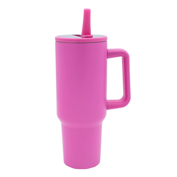 A drink bottle in vibrant pink, with a handle and a straw, designed for easy hydration. It has a logo on the side.