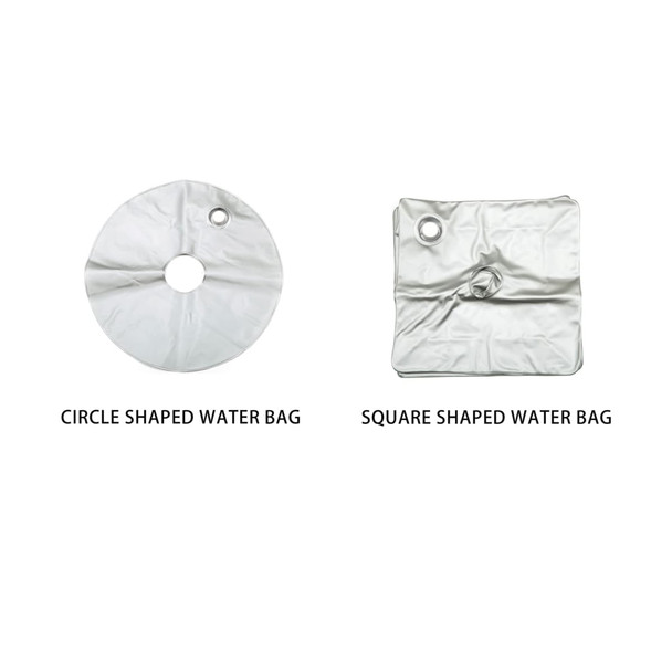 Two water bags are displayed: a circular one and a square one, both made of a shiny, silver material.