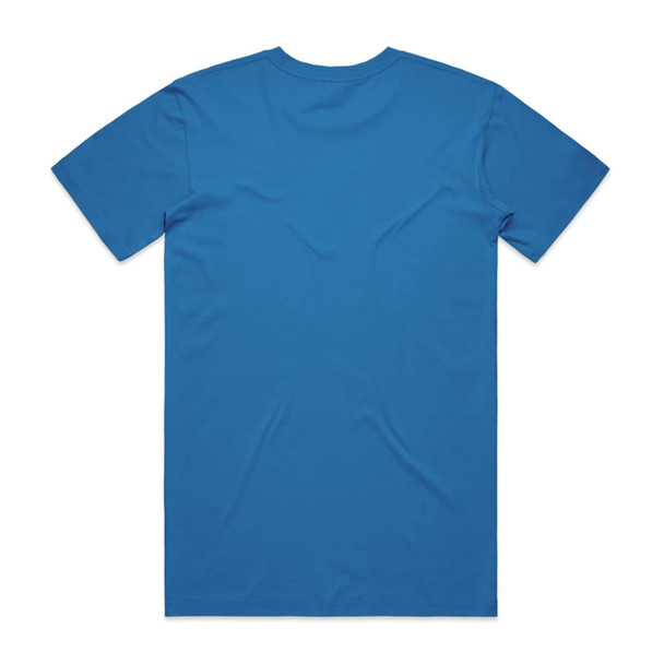 A blue T-shirt with short sleeves and a plain back, featuring a logo.