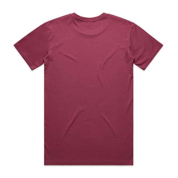 A maroon T-shirt with short sleeves, featuring a tagless back and no other visible design elements.