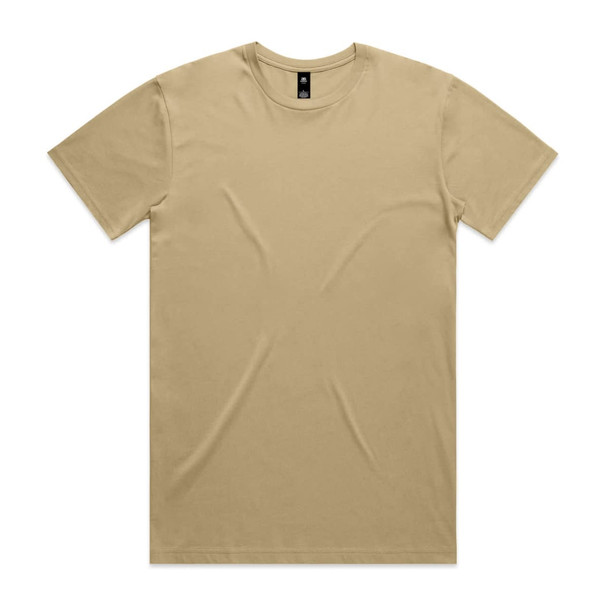 A beige t-shirt with a round neck and short sleeves, featuring a logo on the label.