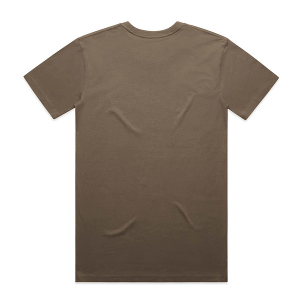 A plain brown T-shirt featuring a crew neck and short sleeves, with a logo on the back.