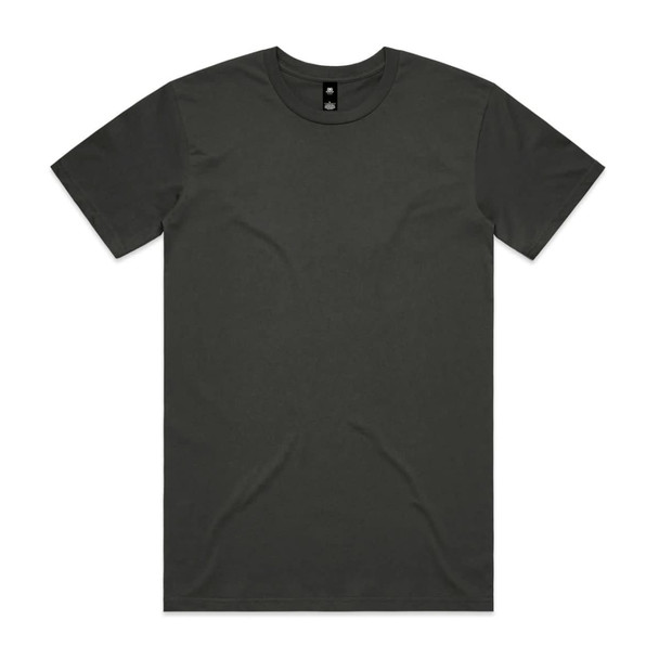 A plain dark grey t-shirt featuring a round neckline and short sleeves, with a logo on the label.
