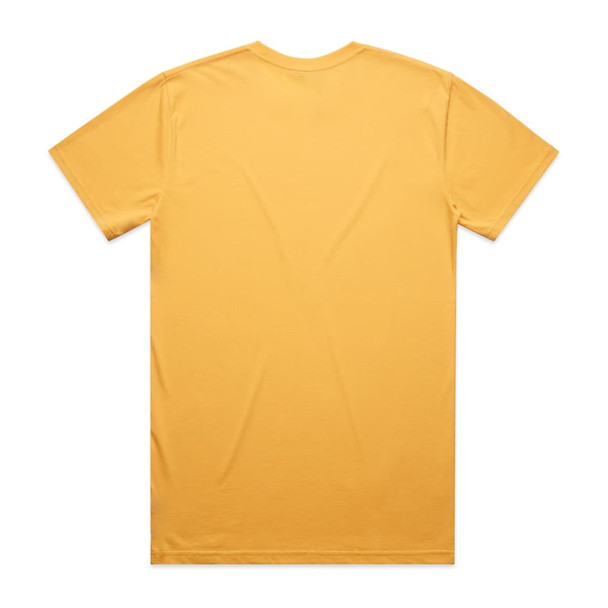A plain yellow t-shirt with a standard crew neckline and short sleeves, featuring a logo on the back.