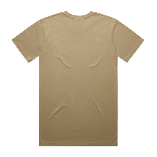 A plain beige t-shirt viewed from the back, featuring a standard crew neck and no visible branding.