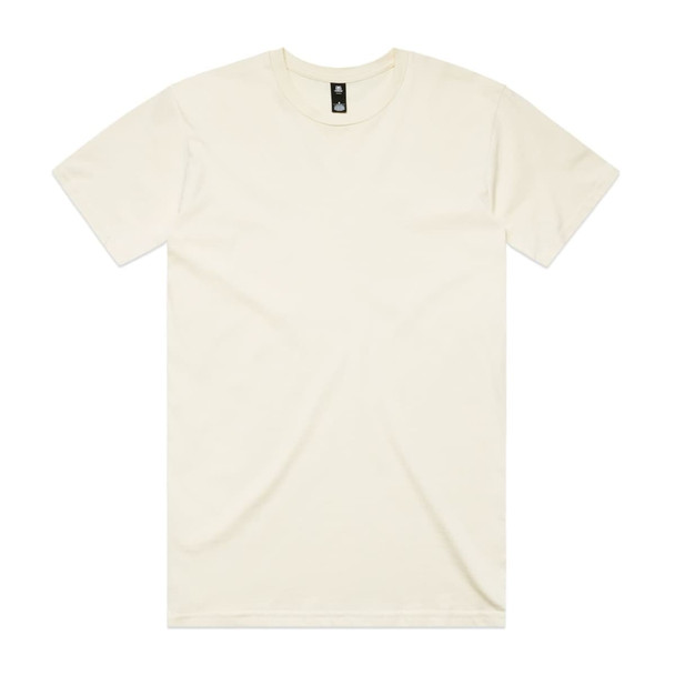 A plain cream-coloured T-shirt featuring short sleeves and a round neckline, with a logo on the label.