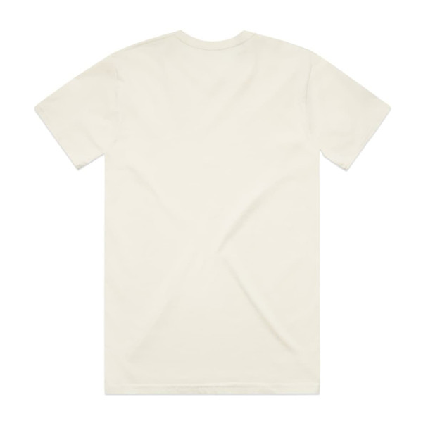 A light beige T-shirt with a simple design and a brand logo on the back.