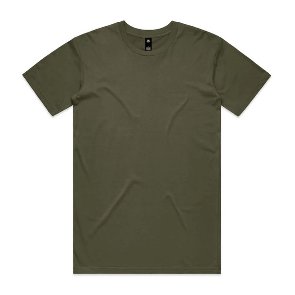 A plain olive green t-shirt with a round neck and short sleeves. It features a logo in the neckline.