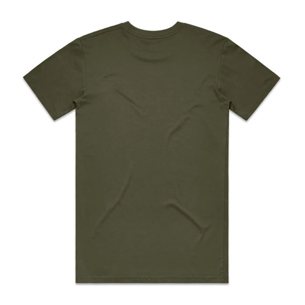 A plain olive green t-shirt with a crew neckline and short sleeves, featuring a logo on the back.