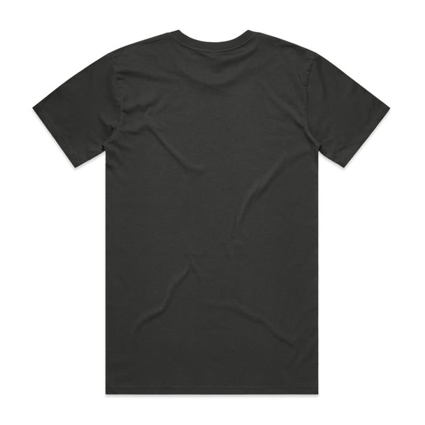 A black T-shirt featuring a simple design with a logo on the back.