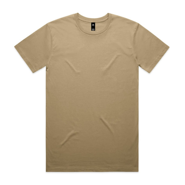 A plain beige T-shirt with a round neckline and short sleeves, featuring a logo on the tag.