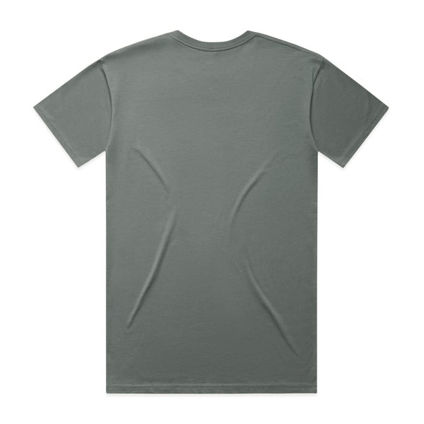 A grey T-shirt with a crew neck and short sleeves, featuring a plain back and a logo on the label.