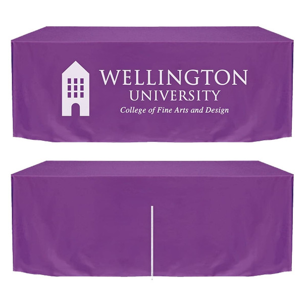 A fitted purple table cloth with a zipper back, featuring a logo on the front.