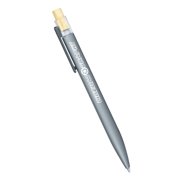 A recycled aluminium pen with a bamboo clicker in grey, featuring a branding logo on the side.