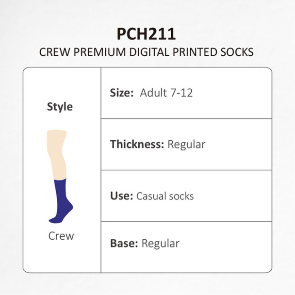 Crew Premium Digital Printed Socks in navy blue, designed for adult sizes 7-12, with regular thickness and base.