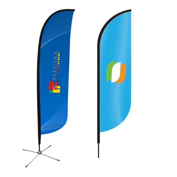 Convex feather banners in blue and black, featuring branding and a stable base. Size: Medium (70.4*300cm) or 13ft.