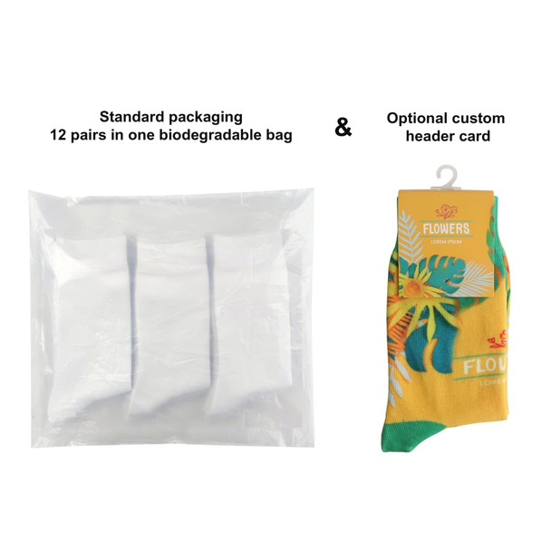 A biodegradable bag containing 12 pairs of brightly coloured socks with a floral design and a custom header card option.