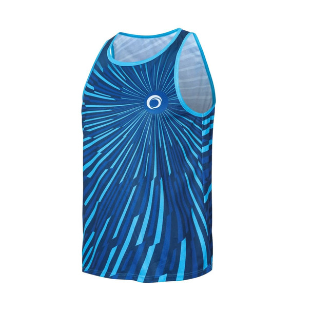 A blue sublimated singlet featuring a dynamic radial pattern and a logo on the front.